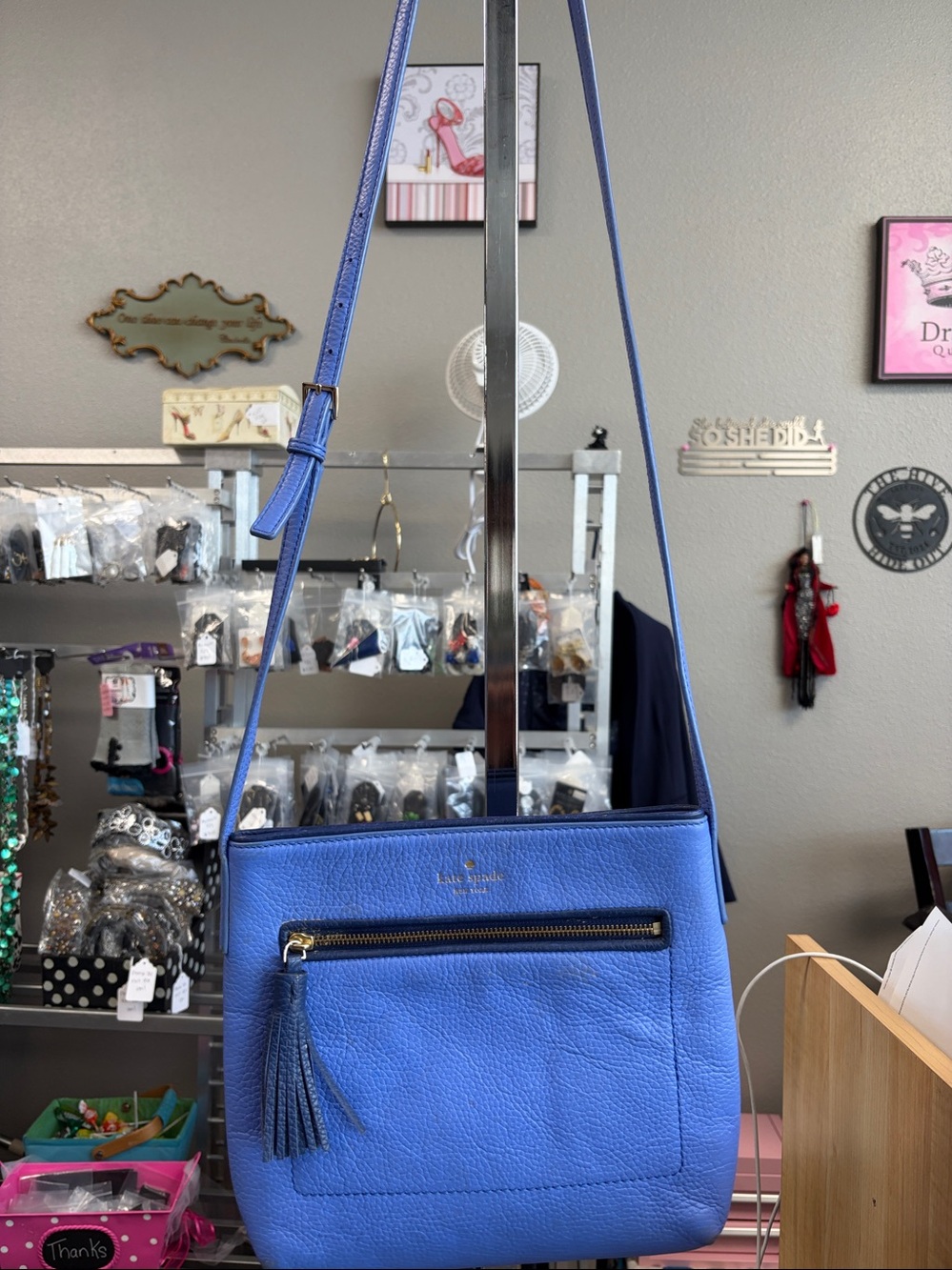 kate spade cobalt blue leather crossbody with tassel